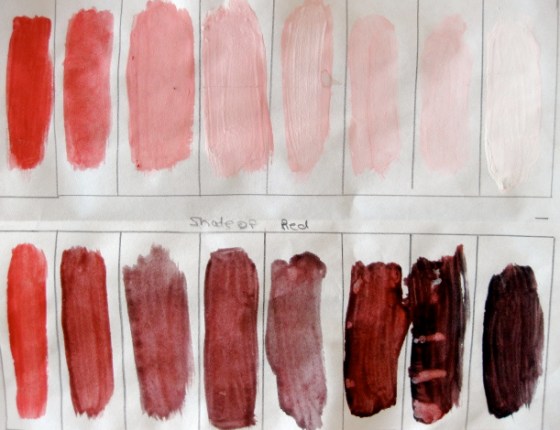 Sample of tints and shades of red
